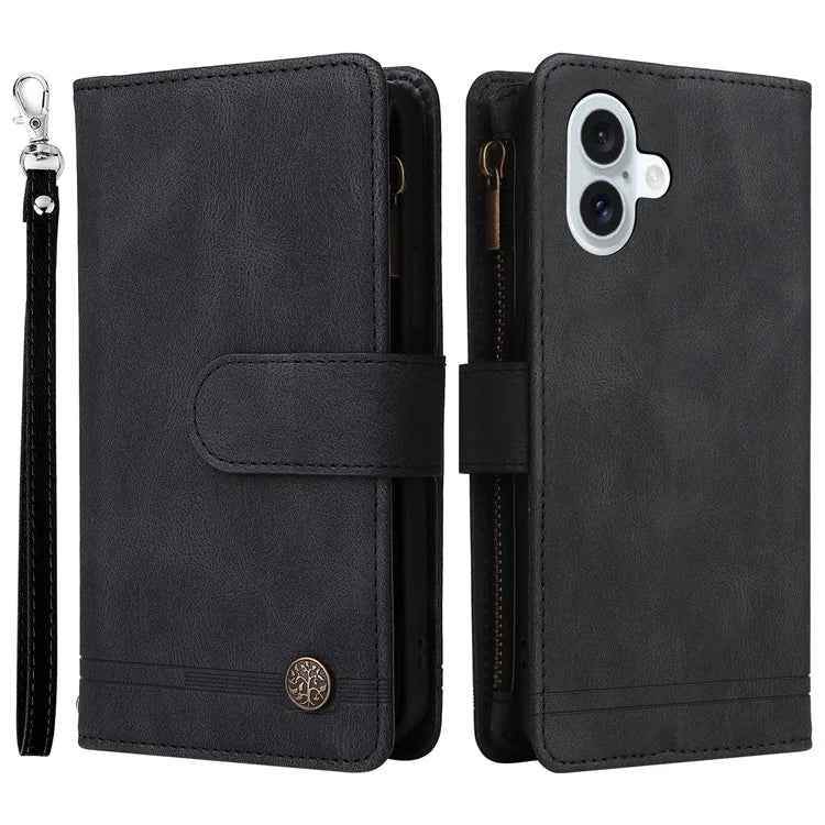 For iPhone 16 Plus Case Zipper Pocket Leather Flip Phone Cover with Hand Strap