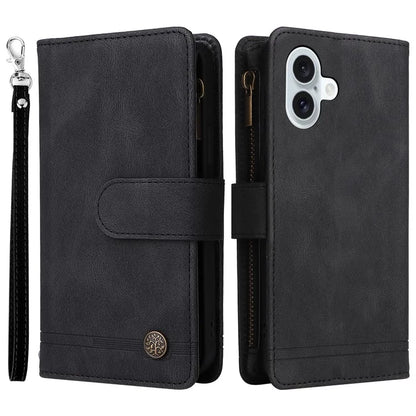 For iPhone 16 Plus Case Zipper Pocket Leather Flip Phone Cover with Hand Strap