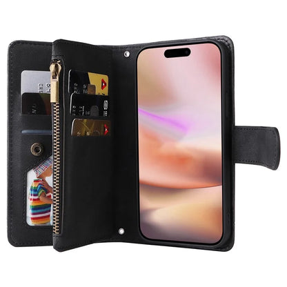 For iPhone 16 Plus Case Zipper Pocket Leather Flip Phone Cover with Hand Strap