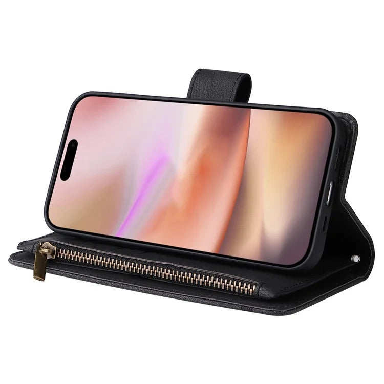 For iPhone 16 Plus Case Zipper Pocket Leather Flip Phone Cover with Hand Strap