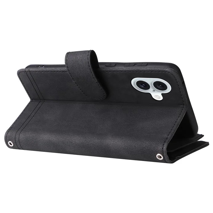 For iPhone 16 Plus Case Zipper Pocket Leather Flip Phone Cover with Hand Strap
