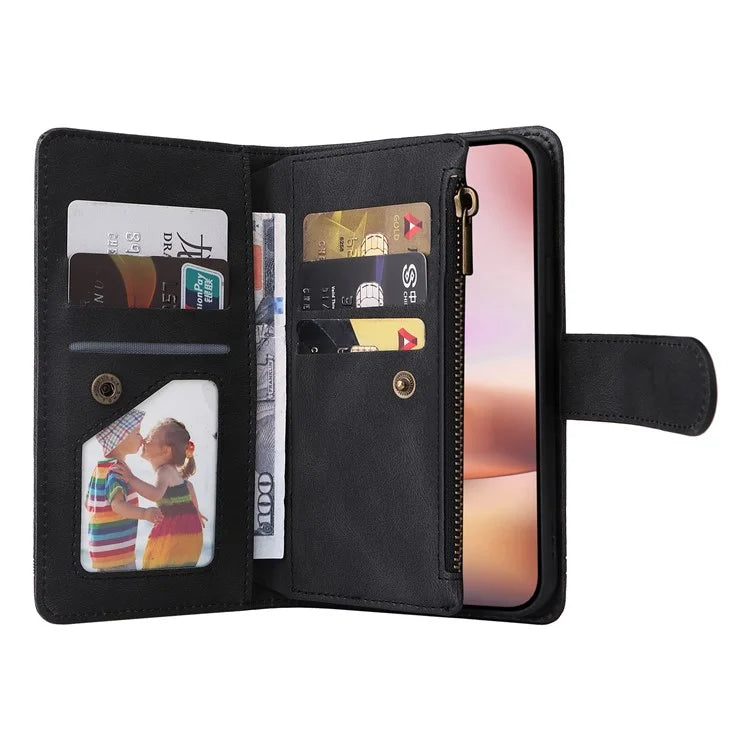 For iPhone 16 Plus Case Zipper Pocket Leather Flip Phone Cover with Hand Strap