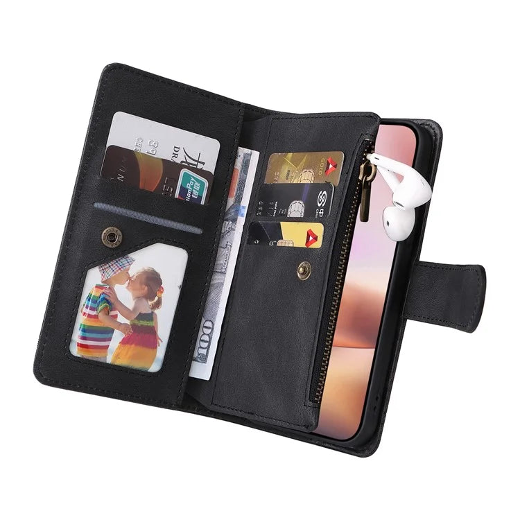 For iPhone 16 Plus Case Zipper Pocket Leather Flip Phone Cover with Hand Strap