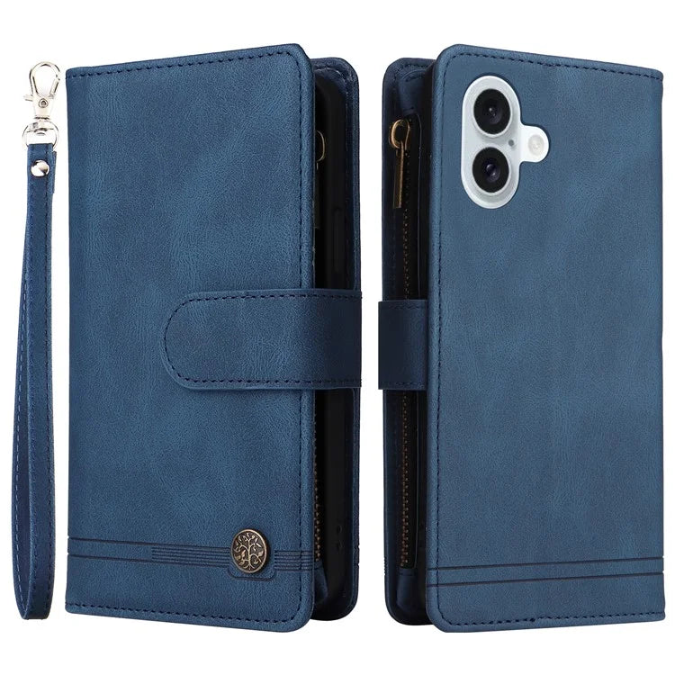 For iPhone 16 Plus Case Zipper Pocket Leather Flip Phone Cover with Hand Strap