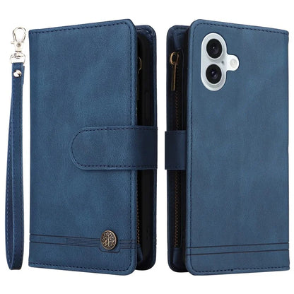 For iPhone 16 Plus Case Zipper Pocket Leather Flip Phone Cover with Hand Strap