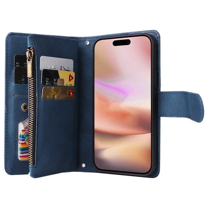 For iPhone 16 Plus Case Zipper Pocket Leather Flip Phone Cover with Hand Strap