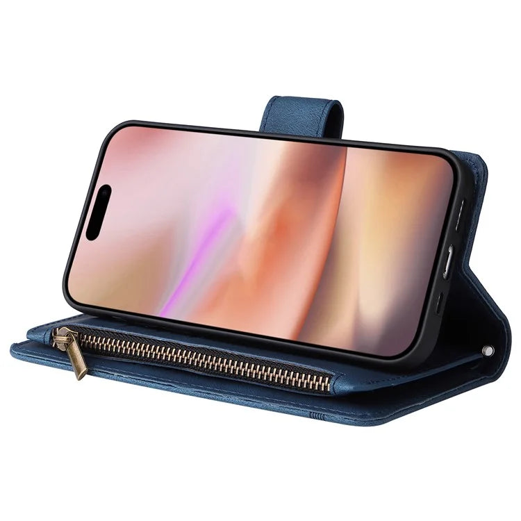 For iPhone 16 Plus Case Zipper Pocket Leather Flip Phone Cover with Hand Strap