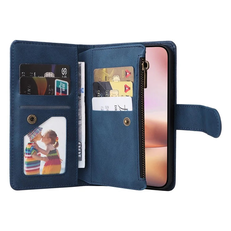 For iPhone 16 Plus Case Zipper Pocket Leather Flip Phone Cover with Hand Strap