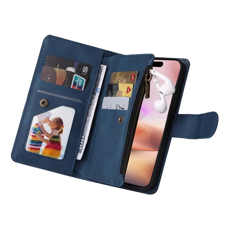 For iPhone 16 Plus Case Zipper Pocket Leather Flip Phone Cover with Hand Strap