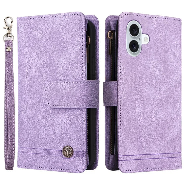 For iPhone 16 Plus Case Zipper Pocket Leather Flip Phone Cover with Hand Strap