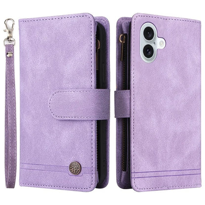 For iPhone 16 Plus Case Zipper Pocket Leather Flip Phone Cover with Hand Strap