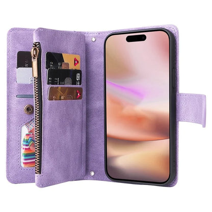 For iPhone 16 Plus Case Zipper Pocket Leather Flip Phone Cover with Hand Strap