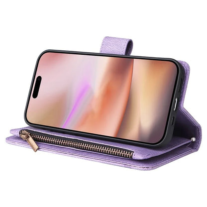 For iPhone 16 Plus Case Zipper Pocket Leather Flip Phone Cover with Hand Strap
