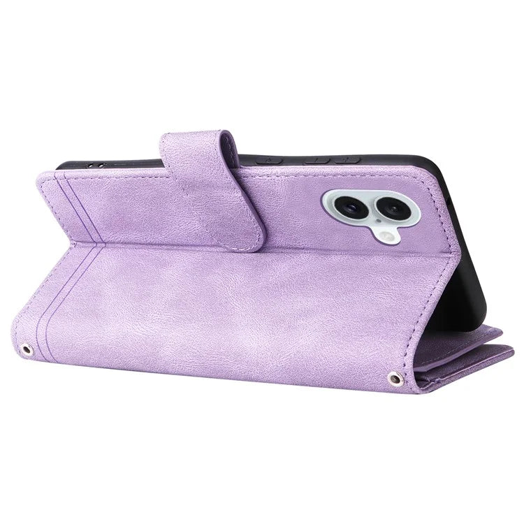 For iPhone 16 Plus Case Zipper Pocket Leather Flip Phone Cover with Hand Strap