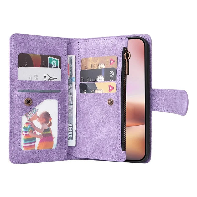 For iPhone 16 Plus Case Zipper Pocket Leather Flip Phone Cover with Hand Strap