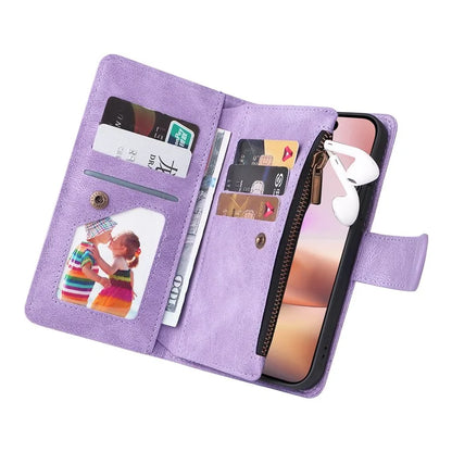 For iPhone 16 Plus Case Zipper Pocket Leather Flip Phone Cover with Hand Strap