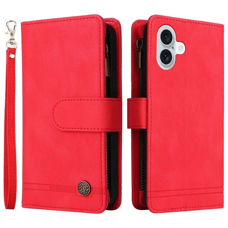 For iPhone 16 Plus Case Zipper Pocket Leather Flip Phone Cover with Hand Strap