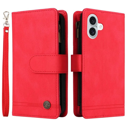 For iPhone 16 Plus Case Zipper Pocket Leather Flip Phone Cover with Hand Strap