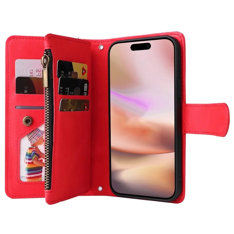 For iPhone 16 Plus Case Zipper Pocket Leather Flip Phone Cover with Hand Strap