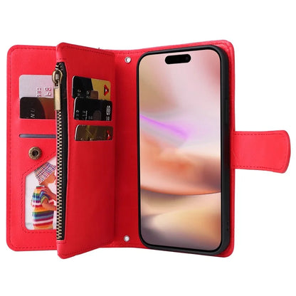 For iPhone 16 Plus Case Zipper Pocket Leather Flip Phone Cover with Hand Strap
