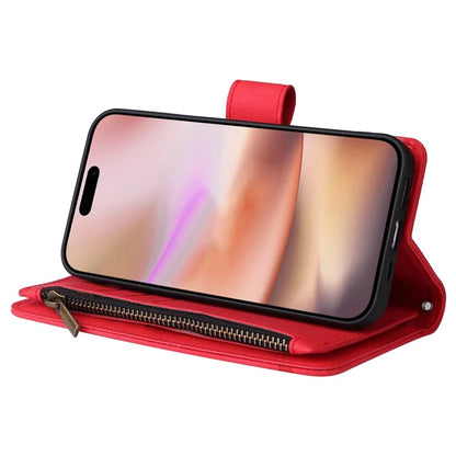 For iPhone 16 Plus Case Zipper Pocket Leather Flip Phone Cover with Hand Strap