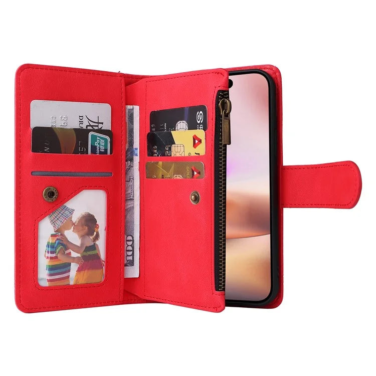 For iPhone 16 Plus Case Zipper Pocket Leather Flip Phone Cover with Hand Strap