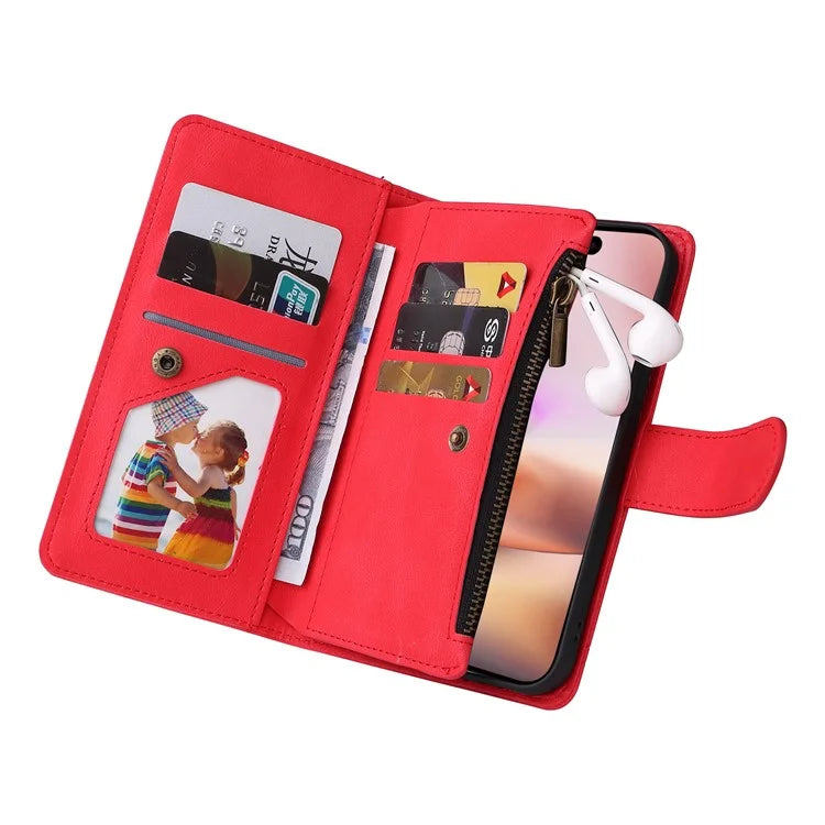 For iPhone 16 Plus Case Zipper Pocket Leather Flip Phone Cover with Hand Strap