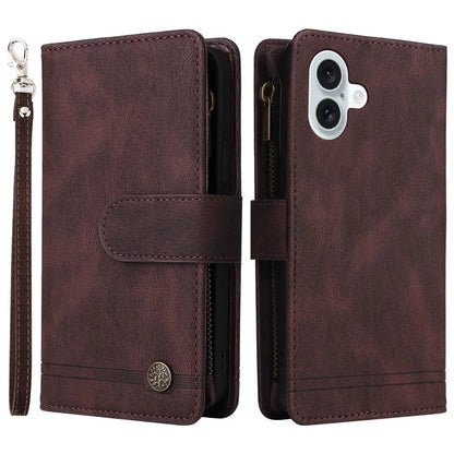 For iPhone 16 Plus Case Zipper Pocket Leather Flip Phone Cover with Hand Strap