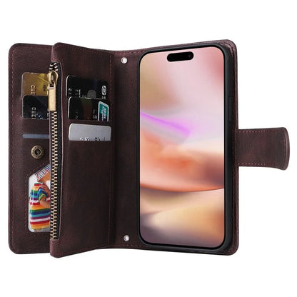 For iPhone 16 Plus Case Zipper Pocket Leather Flip Phone Cover with Hand Strap