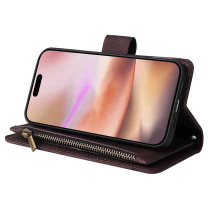 For iPhone 16 Plus Case Zipper Pocket Leather Flip Phone Cover with Hand Strap