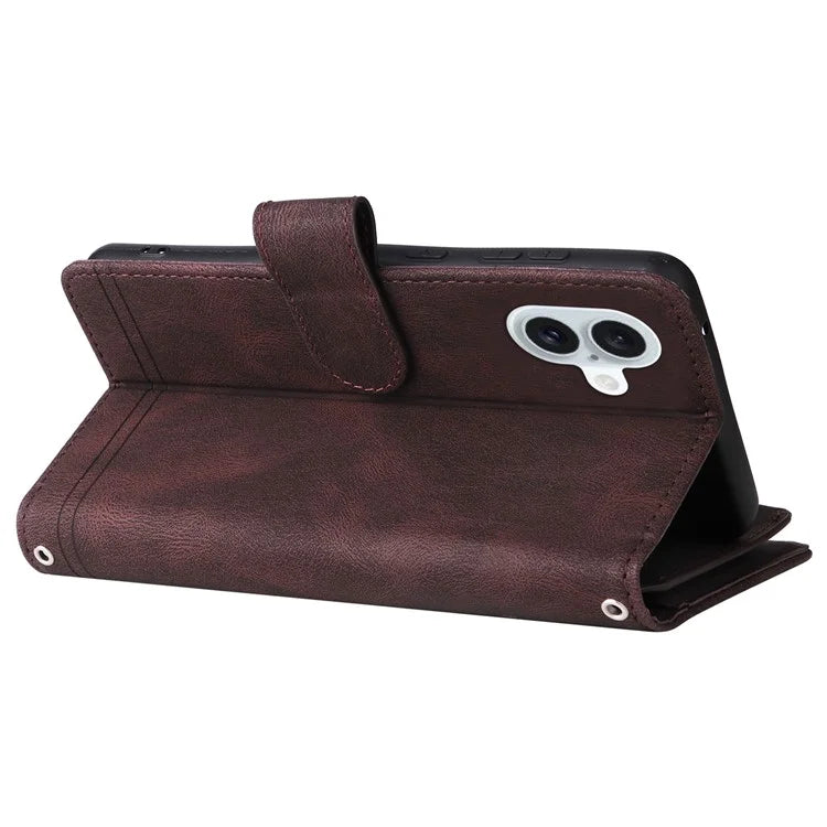 For iPhone 16 Plus Case Zipper Pocket Leather Flip Phone Cover with Hand Strap