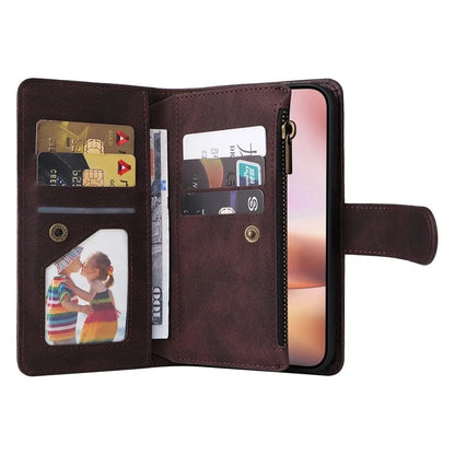 For iPhone 16 Plus Case Zipper Pocket Leather Flip Phone Cover with Hand Strap