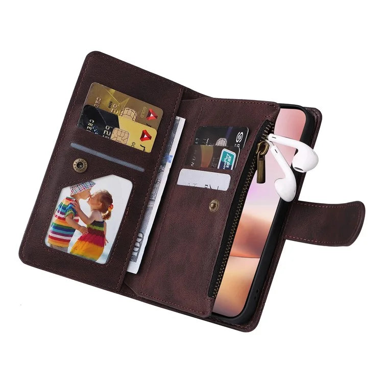 For iPhone 16 Plus Case Zipper Pocket Leather Flip Phone Cover with Hand Strap