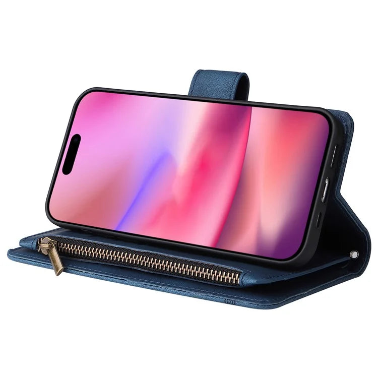 For iPhone 16 Leather Case Zipper Pocket Protective Phone Cover