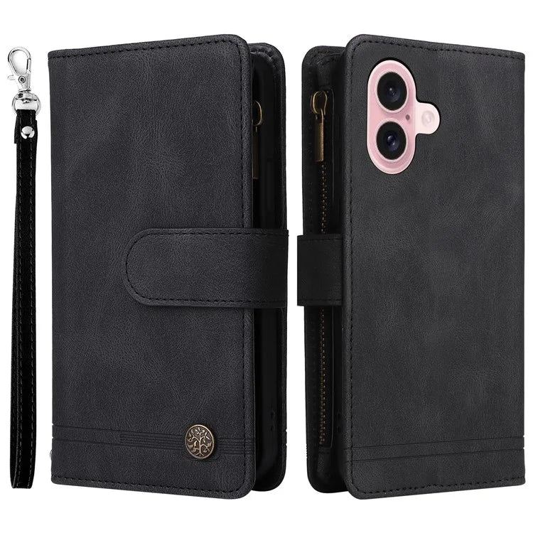 For iPhone 16 Leather Case Zipper Pocket Protective Phone Cover