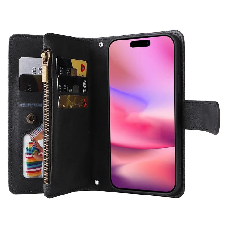 For iPhone 16 Leather Case Zipper Pocket Protective Phone Cover