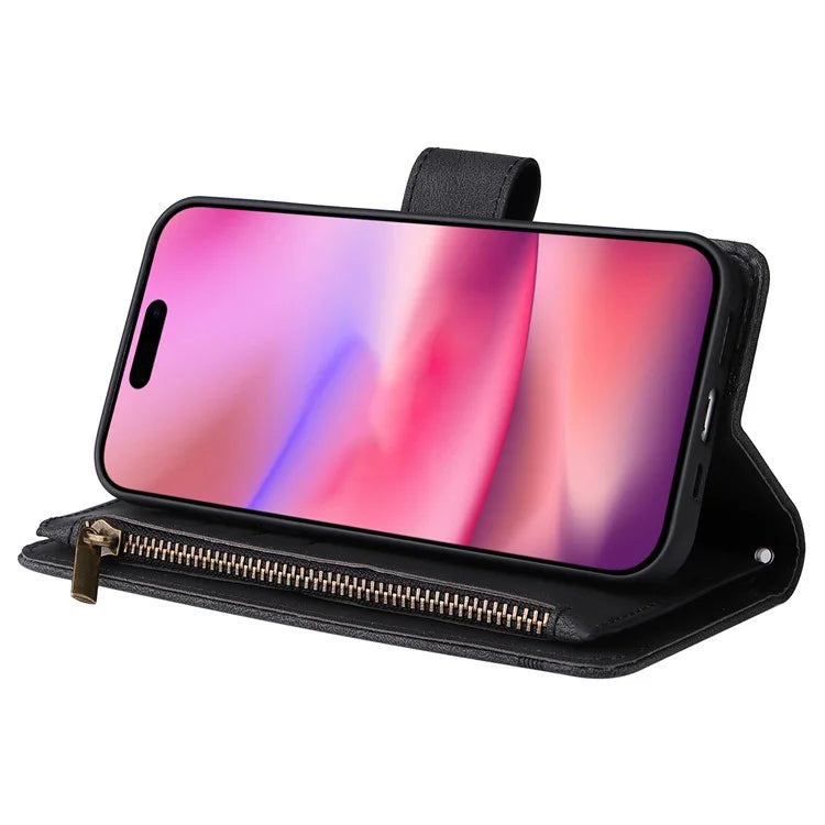 For iPhone 16 Leather Case Zipper Pocket Protective Phone Cover