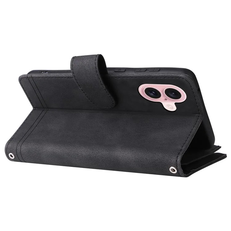 For iPhone 16 Leather Case Zipper Pocket Protective Phone Cover