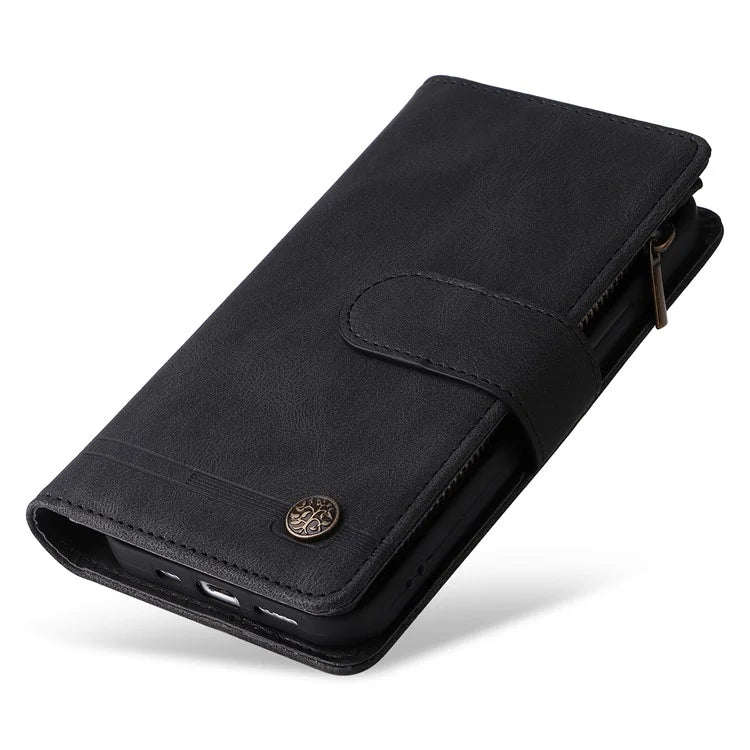 For iPhone 16 Leather Case Zipper Pocket Protective Phone Cover