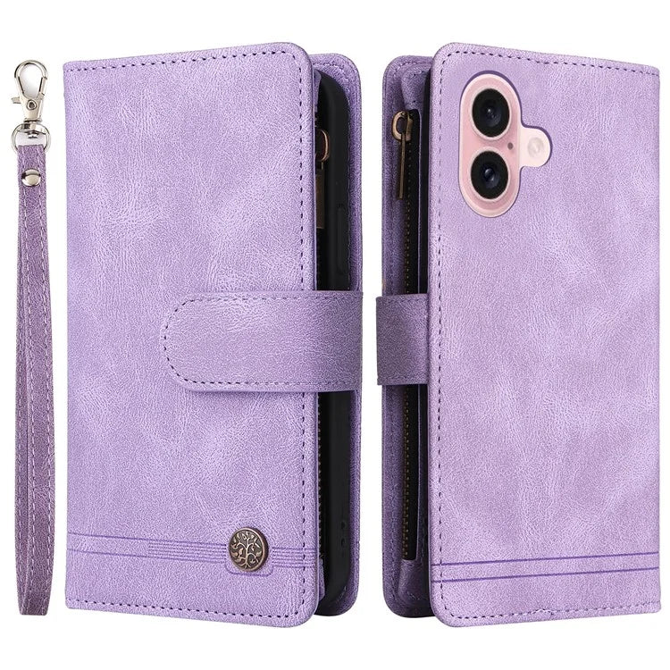 For iPhone 16 Leather Case Zipper Pocket Protective Phone Cover