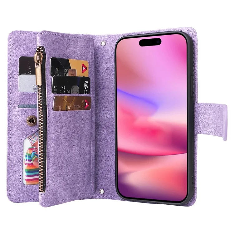 For iPhone 16 Leather Case Zipper Pocket Protective Phone Cover