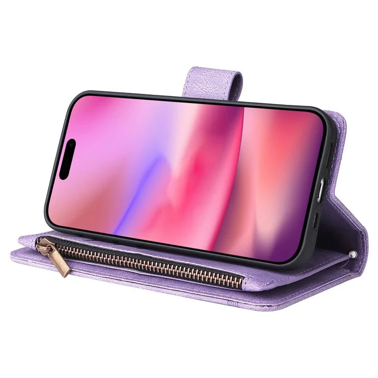 For iPhone 16 Leather Case Zipper Pocket Protective Phone Cover