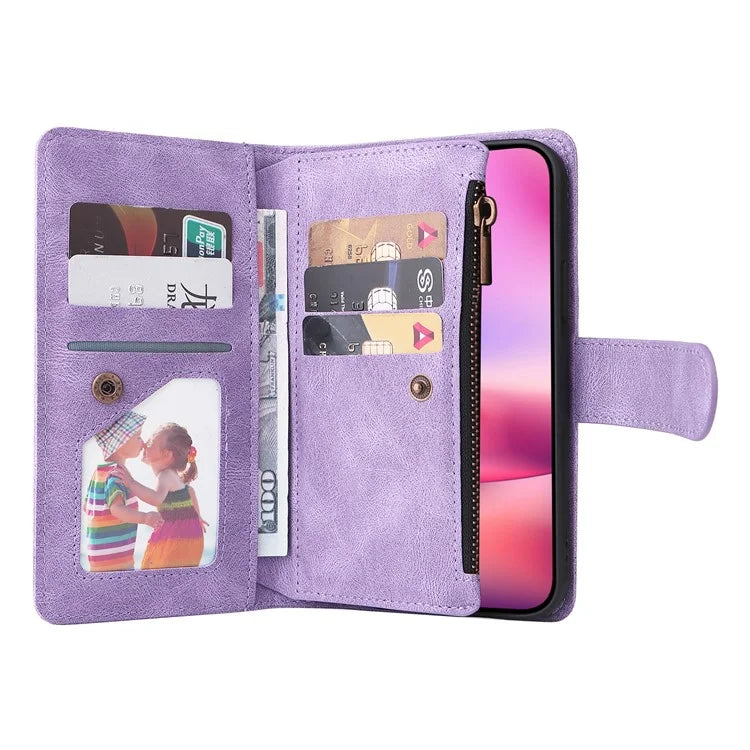 For iPhone 16 Leather Case Zipper Pocket Protective Phone Cover