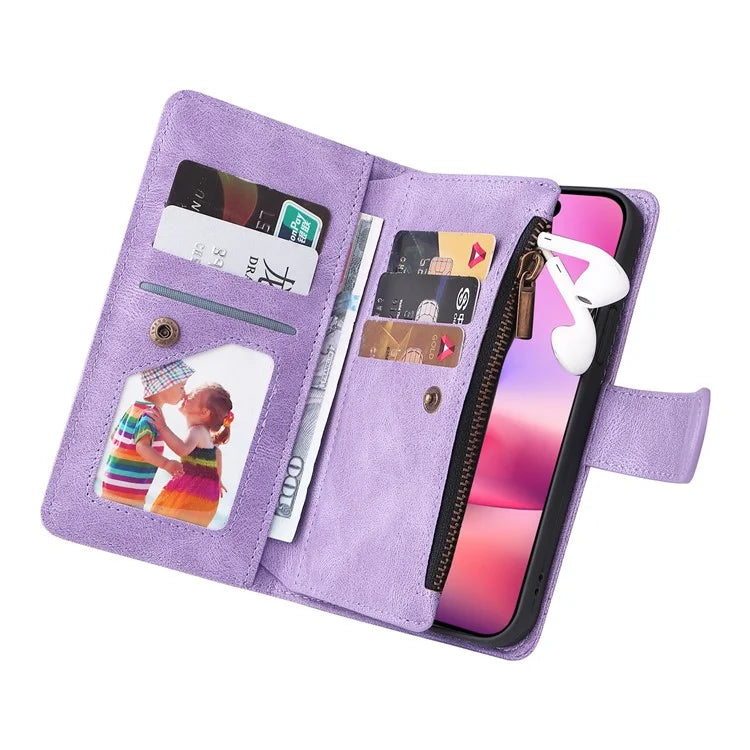 For iPhone 16 Leather Case Zipper Pocket Protective Phone Cover