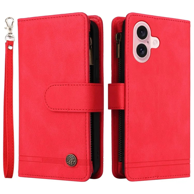 For iPhone 16 Leather Case Zipper Pocket Protective Phone Cover