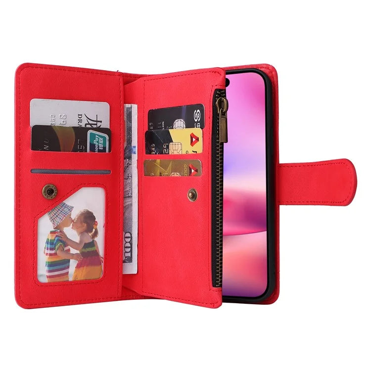 For iPhone 16 Leather Case Zipper Pocket Protective Phone Cover