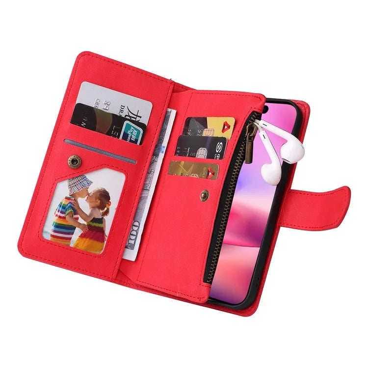 For iPhone 16 Leather Case Zipper Pocket Protective Phone Cover