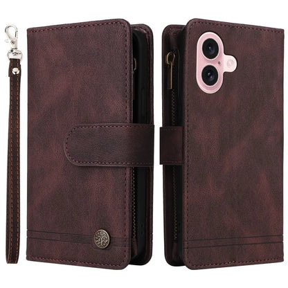 For iPhone 16 Leather Case Zipper Pocket Protective Phone Cover