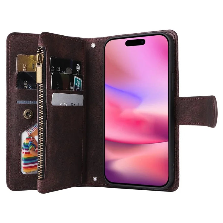 For iPhone 16 Leather Case Zipper Pocket Protective Phone Cover