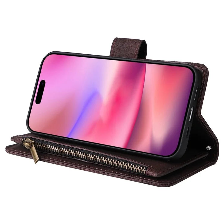 For iPhone 16 Leather Case Zipper Pocket Protective Phone Cover